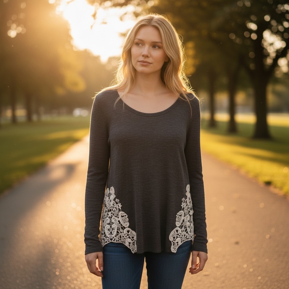 Charming Charlie’s Lace Side Knit Long Sleeve Top